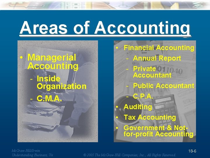 Areas of Accounting • Managerial Accounting - Inside Organization - C. M. A. Mc.