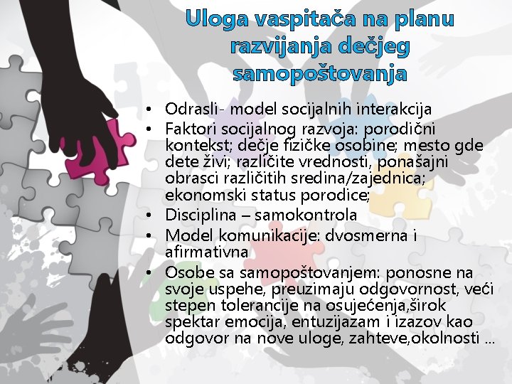 Uloga vaspitača na planu razvijanja dečjeg samopoštovanja • Odrasli- model socijalnih interakcija • Faktori