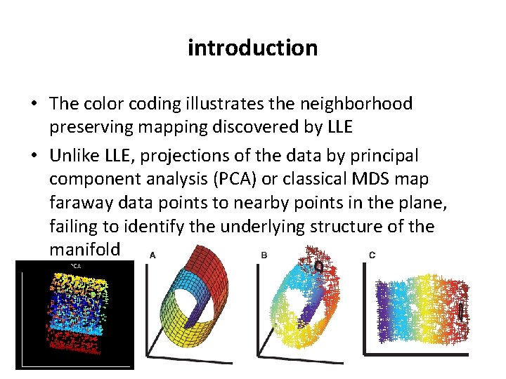introduction • The color coding illustrates the neighborhood preserving mapping discovered by LLE •