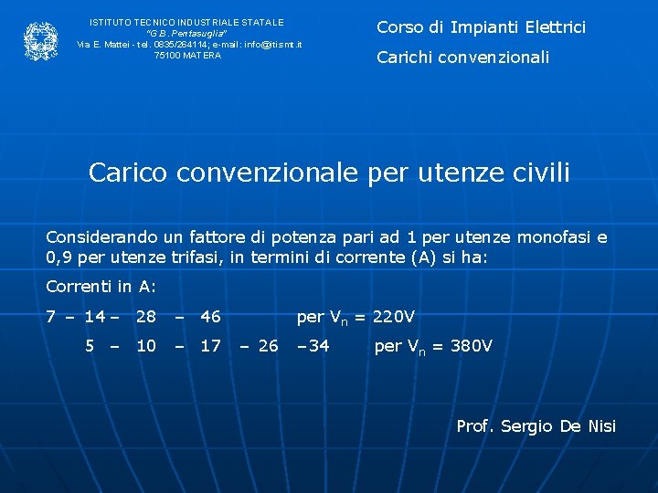 ISTITUTO TECNICO INDUSTRIALE STATALE “G. B. Pentasuglia” Via E. Mattei - tel. 0835/264114; e-mail: