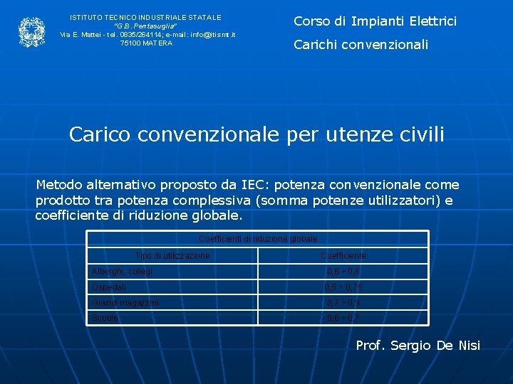 ISTITUTO TECNICO INDUSTRIALE STATALE “G. B. Pentasuglia” Via E. Mattei - tel. 0835/264114; e-mail: