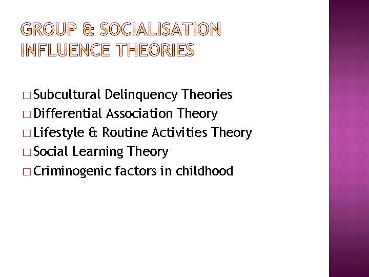 � Subcultural Delinquency Theories � Differential Association Theory � Lifestyle & Routine Activities Theory