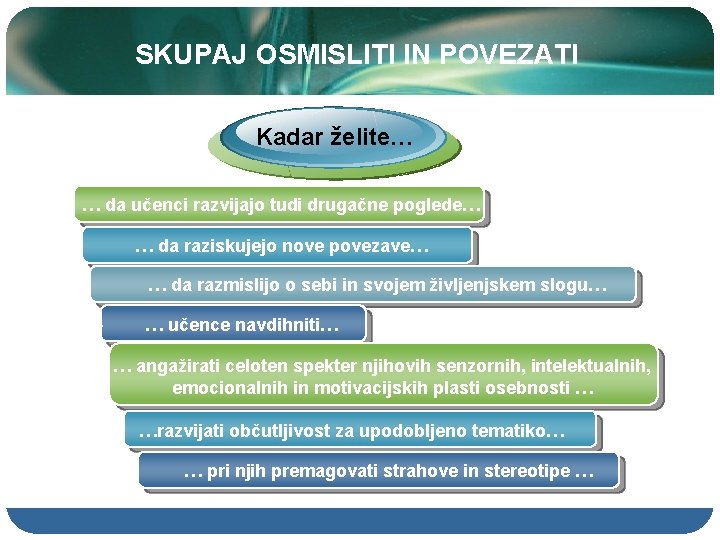 SKUPAJ OSMISLITI IN POVEZATI Kadar želite… … da učenci razvijajo tudi drugačne poglede… 2