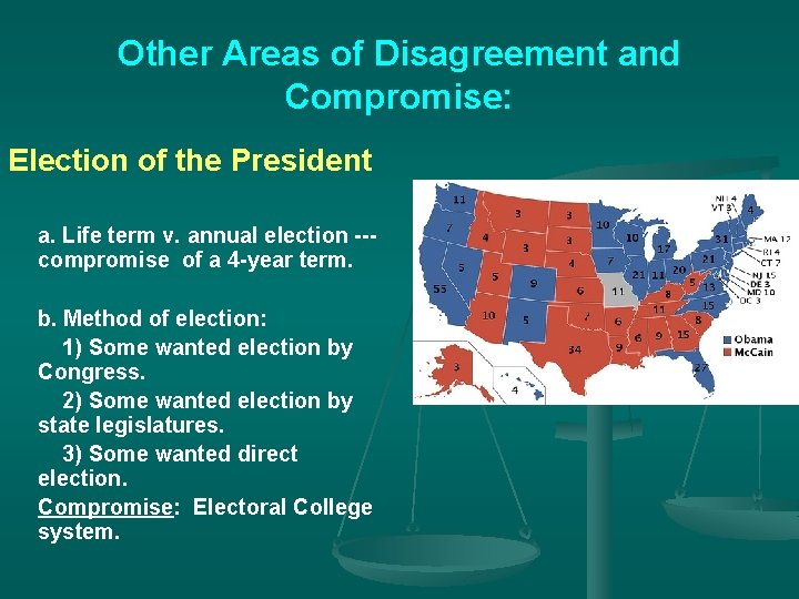 Other Areas of Disagreement and Compromise: Election of the President a. Life term v.