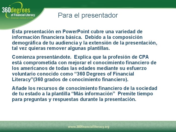 Para el presentador Esta presentación en Power. Point cubre una variedad de información financiera
