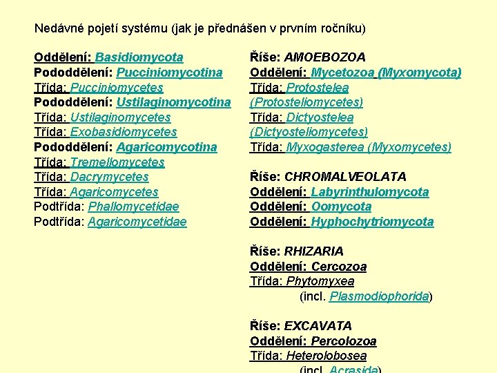 Nedávné pojetí systému (jak je přednášen v prvním ročníku) Oddělení: Basidiomycota Pododdělení: Pucciniomycotina Třída:
