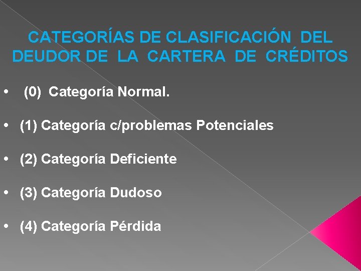 CATEGORÍAS DE CLASIFICACIÓN DEL DEUDOR DE LA CARTERA DE CRÉDITOS • (0) Categoría Normal.
