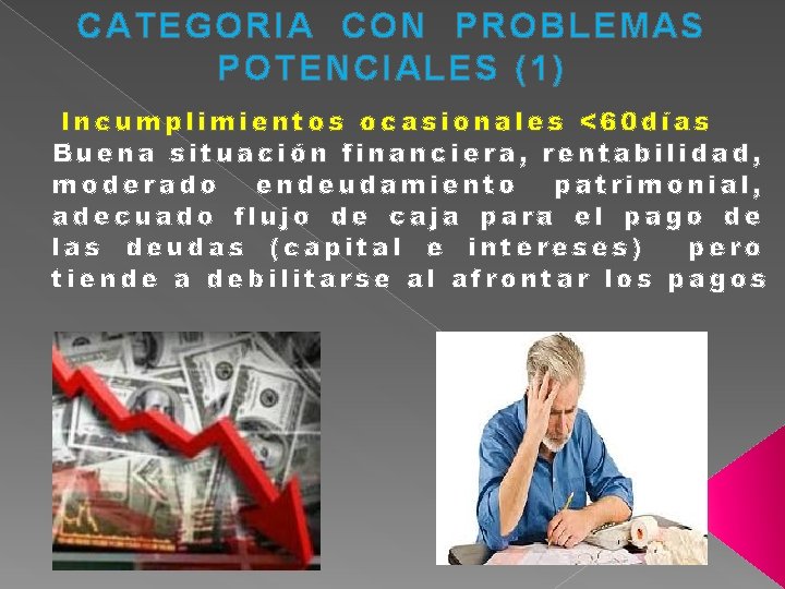 CATEGORIA CON PROBLEMAS POTENCIALES (1) Incumplimientos ocasionales <60 días Buena situación financiera, rentabilidad, moderado