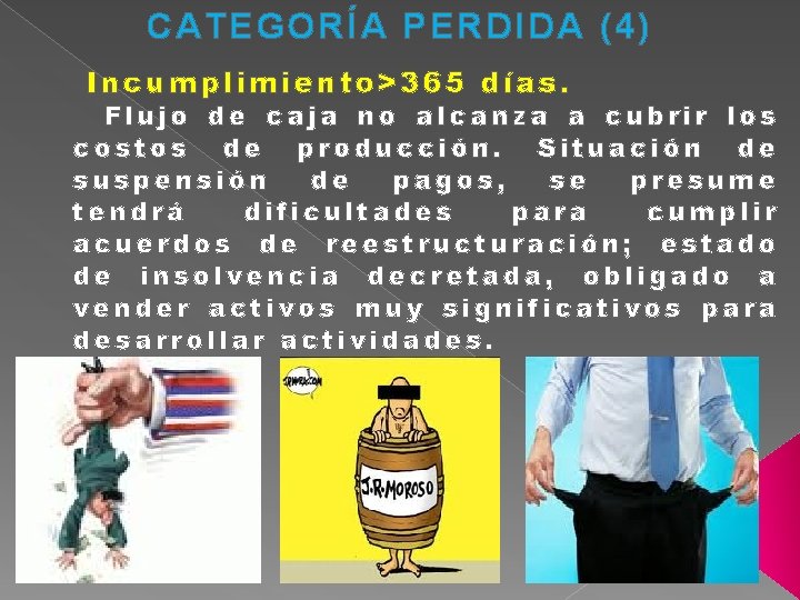 CATEGORÍA PERDIDA (4) Incumplimiento>365 días. Flujo de caja no alcanza a cubrir los costos