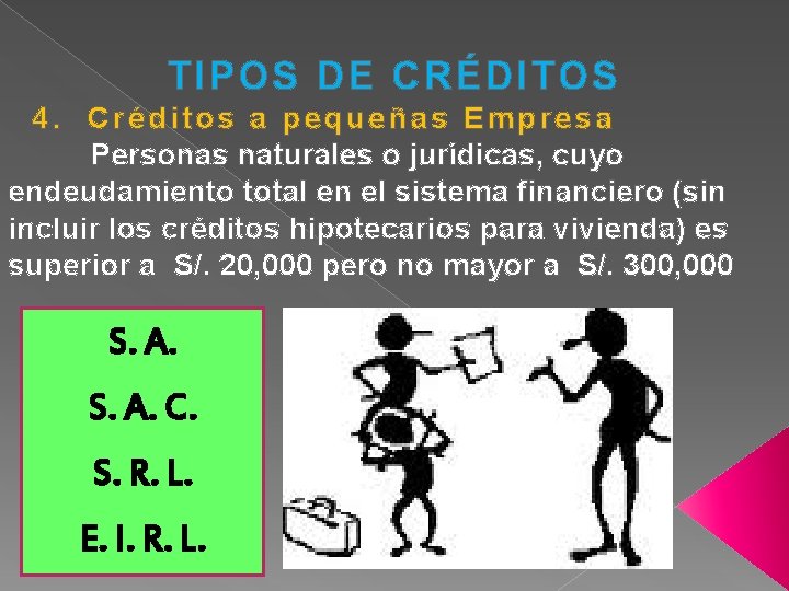 TIPOS DE CRÉDITOS 4. Créditos a pequeñas Empresa Personas naturales o jurídicas, cuyo endeudamiento