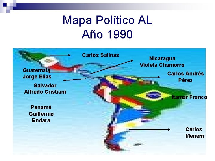 Mapa Político AL Año 1990 Carlos Salinas Guatemala Jorge Elías Salvador Alfredo Cristiani Nicaragua