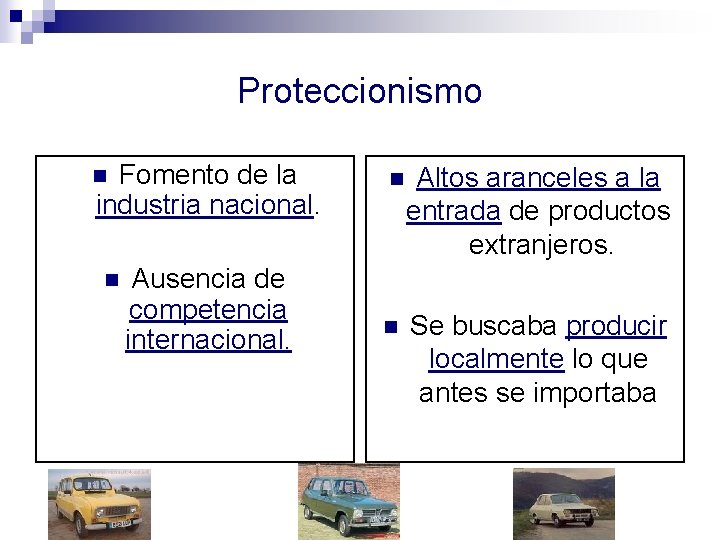 Proteccionismo Fomento de la industria nacional. n n Ausencia de competencia internacional. n Altos