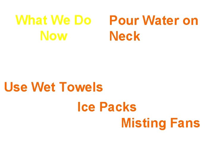 What We Do Now Pour Water on Neck Use Wet Towels Ice Packs Misting