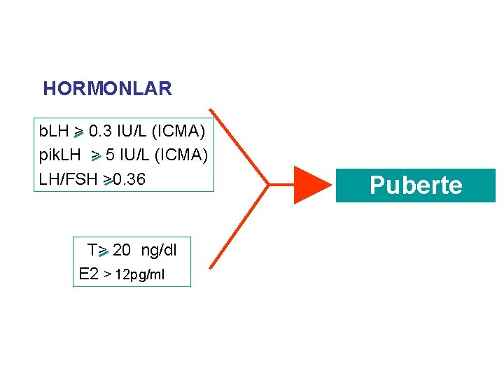 PUBERTEDE LABORATUVAR DEĞİŞİKLİKLER HORMONLAR b. LH > 0. 3 IU/L (ICMA) pik. LH >