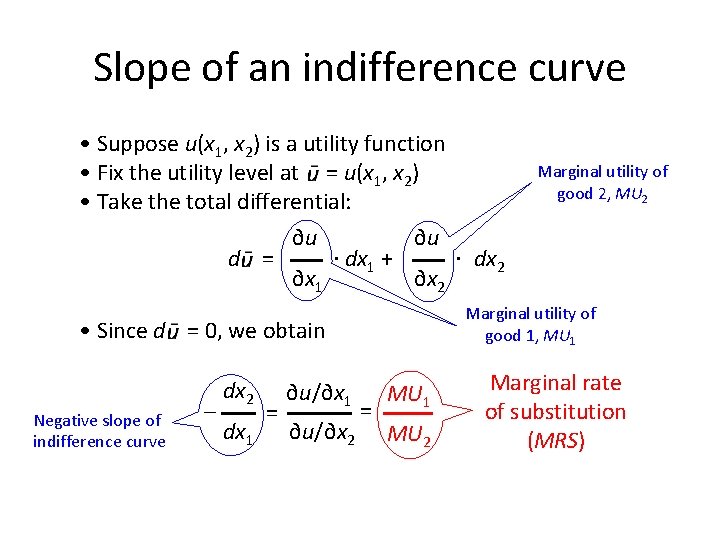 Slope of an indifference curve • Suppose u(x 1, x 2) is a utility