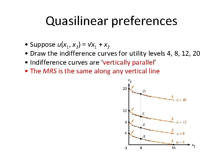 Quasilinear preferences • Suppose u(x 1, x 2) = √x 1 + x 2