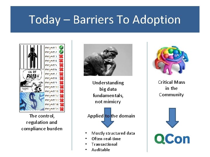 Today – Barriers To Adoption Understanding big data fundamentals, not mimicry The control, regulation