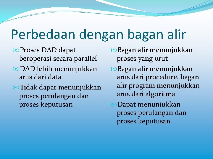 Perbedaan dengan bagan alir Proses DAD dapat beroperasi secara parallel DAD lebih menunjukkan arus