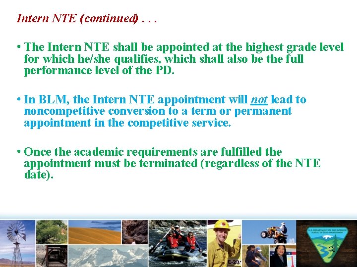 Intern NTE (continued). . . • The Intern NTE shall be appointed at the