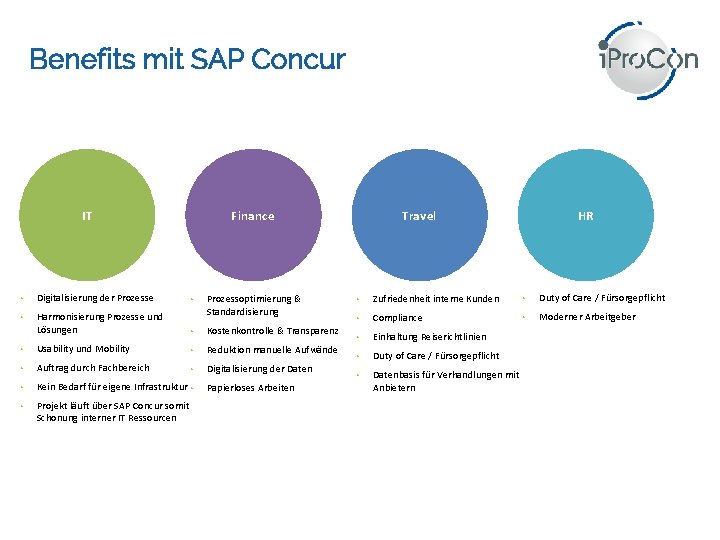 Benefits mit SAP Concur IT Finance • Digitalisierung der Prozesse • • Harmonisierung Prozesse