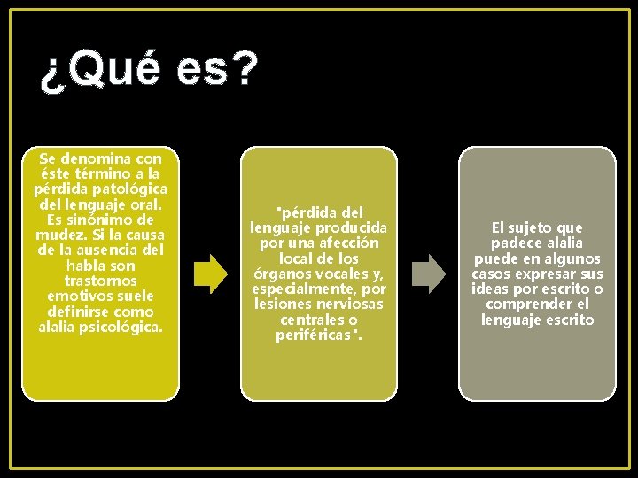 ¿Qué es? Se denomina con éste término a la pérdida patológica del lenguaje oral.