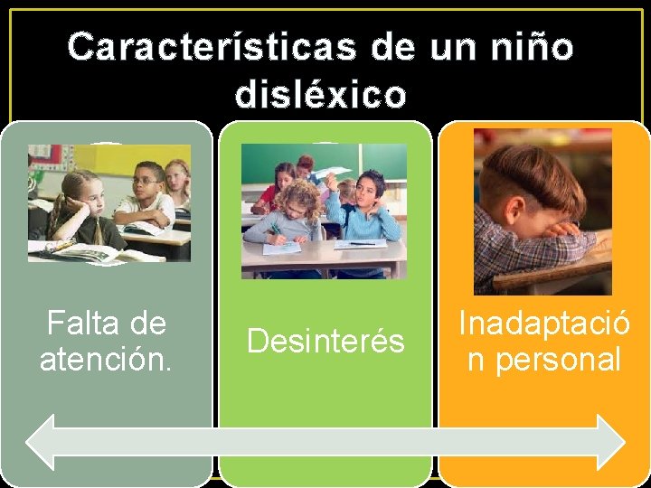 Características de un niño disléxico Falta de atención. Desinterés Inadaptació n personal 