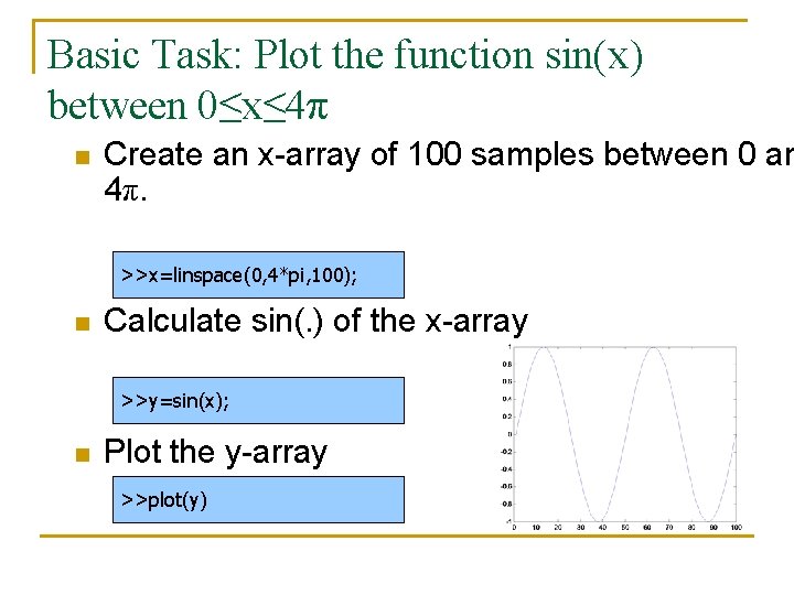 Basic Task: Plot the function sin(x) between 0≤x≤ 4π n Create an x-array of