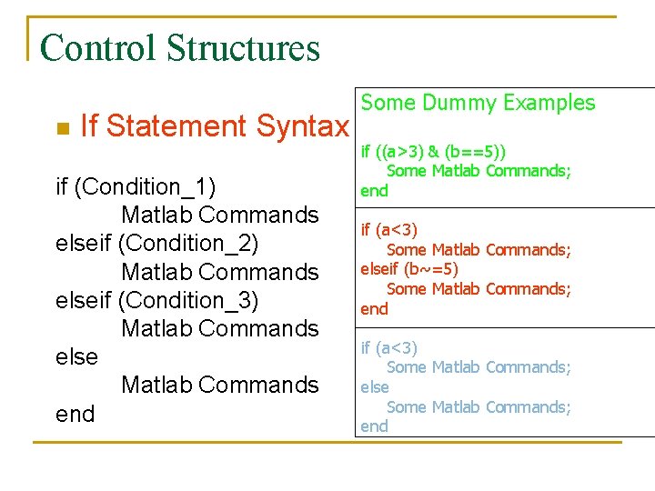 Control Structures n If Statement Syntax if (Condition_1) Matlab Commands elseif (Condition_2) Matlab Commands