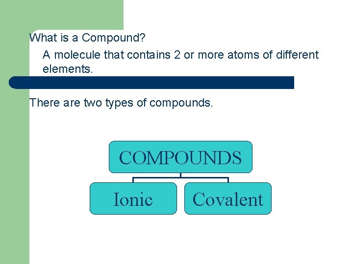 What is a Compound? A molecule that contains 2 or more atoms of different