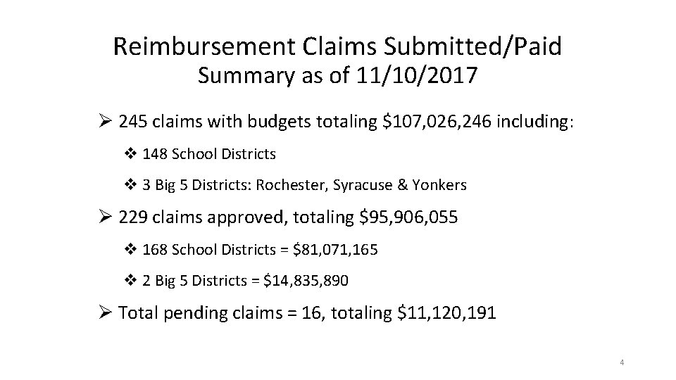 Reimbursement Claims Submitted/Paid Summary as of 11/10/2017 Ø 245 claims with budgets totaling $107,