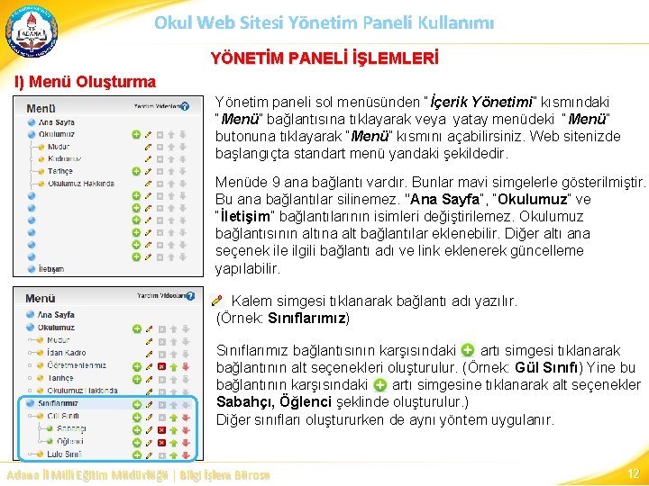 Okul Web Sitesi Yönetim Paneli Kullanımı YÖNETİM PANELİ İŞLEMLERİ I) Menü Oluşturma Yönetim paneli