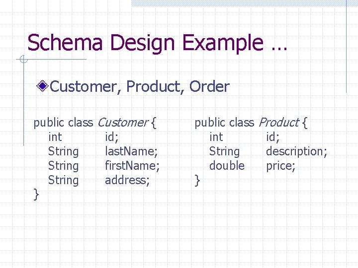 Schema Design Example … Customer, Product, Order public class Customer { int id; String