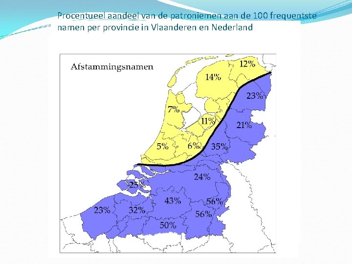 Procentueel aandeel van de patroniemen aan de 100 frequentste namen per provincie in Vlaanderen