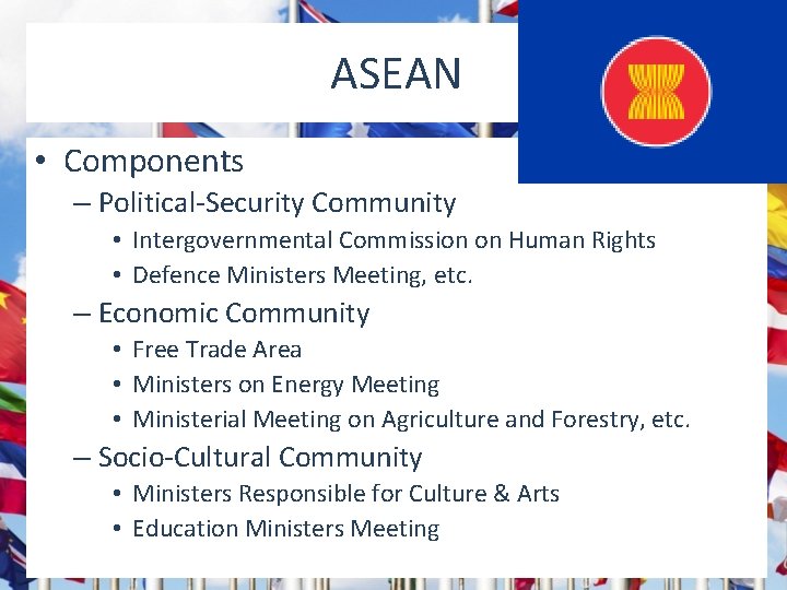 ASEAN • Components – Political-Security Community • Intergovernmental Commission on Human Rights • Defence