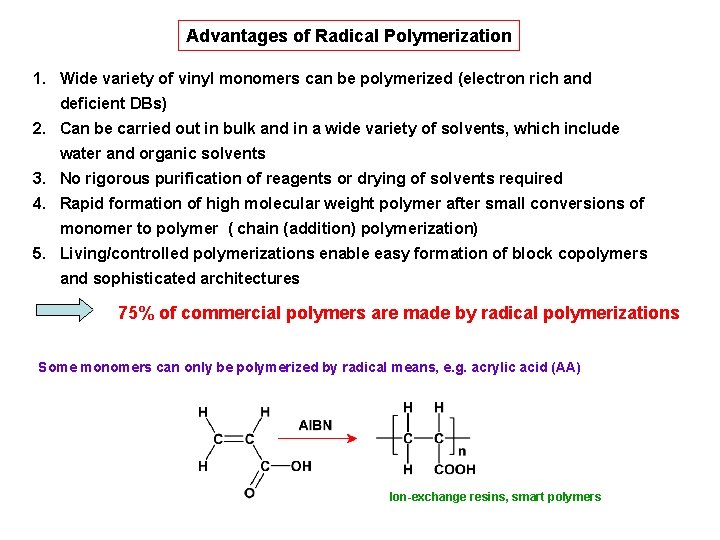 Advantages of Radical Polymerization 1. Wide variety of vinyl monomers can be polymerized (electron