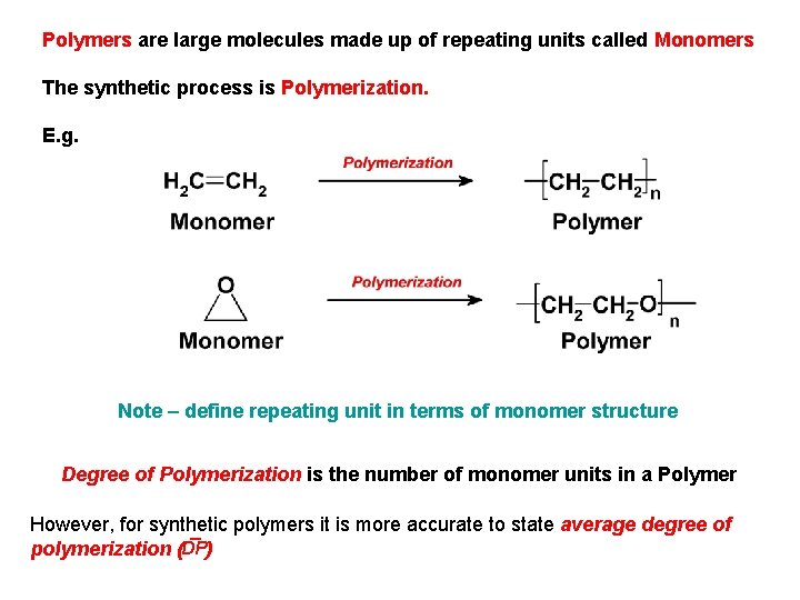 Polymers are large molecules made up of repeating units called Monomers The synthetic process