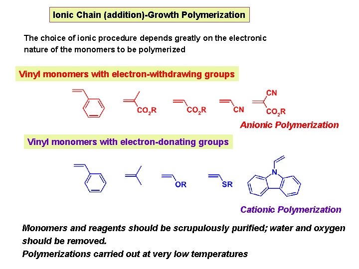Ionic Chain (addition)-Growth Polymerization The choice of ionic procedure depends greatly on the electronic