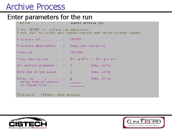 Archive Process Enter parameters for the run 