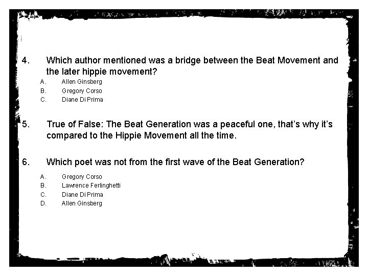 4. Which author mentioned was a bridge between the Beat Movement and the later