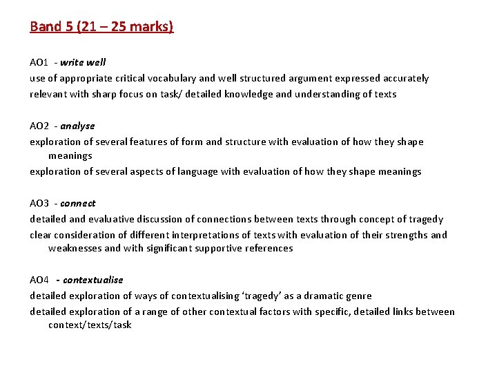 Band 5 (21 – 25 marks) AO 1 - write well use of appropriate