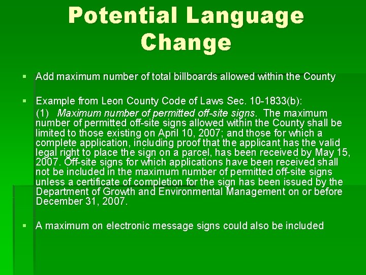 Potential Language Change § Add maximum number of total billboards allowed within the County