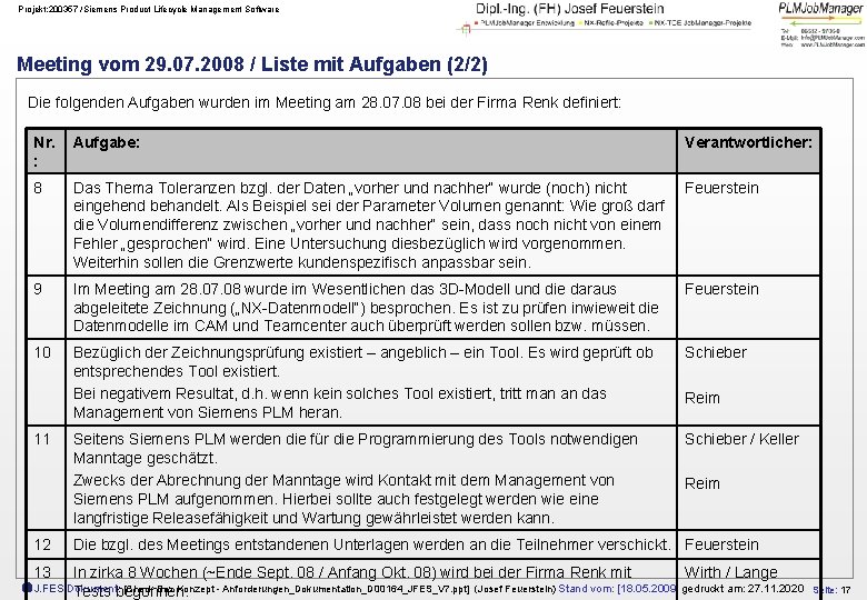 Projekt: 200357 /Siemens Product Lifecycle Management Software Meeting vom 29. 07. 2008 / Liste