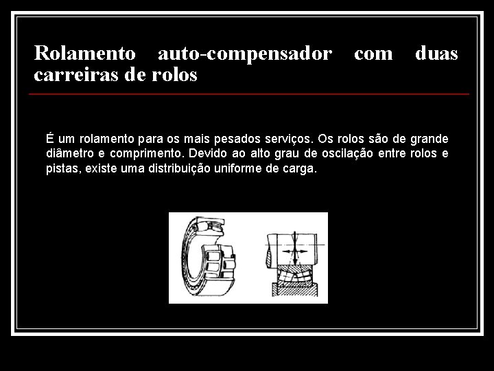 Rolamento auto-compensador com duas carreiras de rolos É um rolamento para os mais pesados