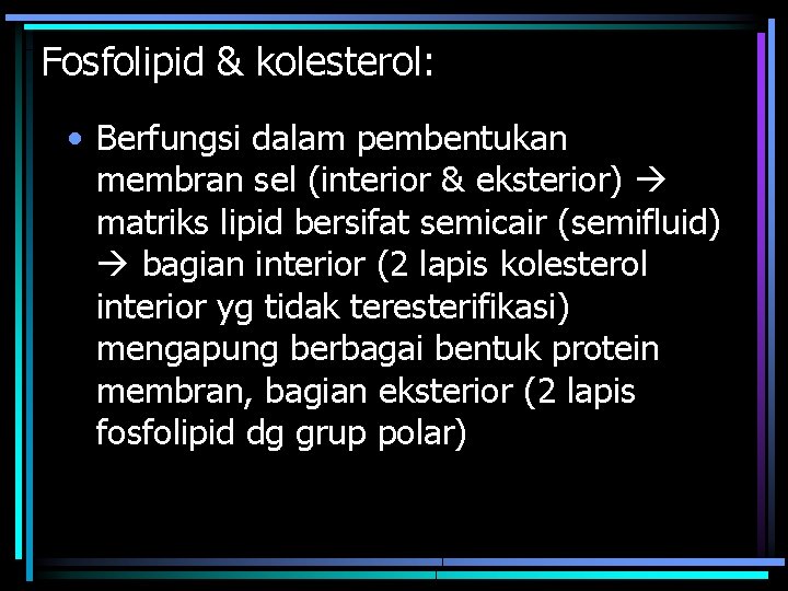 Fosfolipid & kolesterol: • Berfungsi dalam pembentukan membran sel (interior & eksterior) matriks lipid