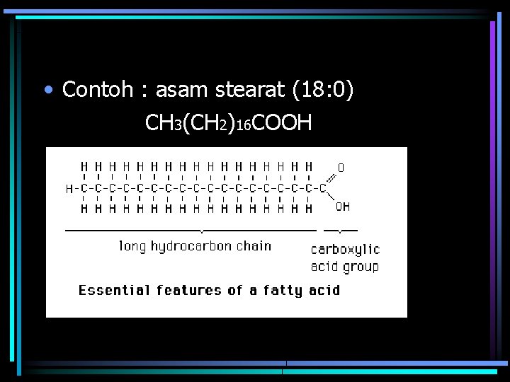  • Contoh : asam stearat (18: 0) CH 3(CH 2)16 COOH 