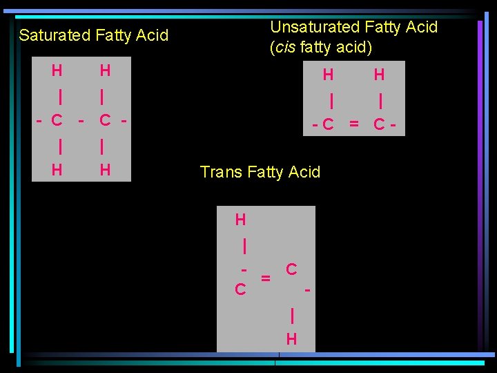 Unsaturated Fatty Acid (cis fatty acid) Saturated Fatty Acid H | - C |