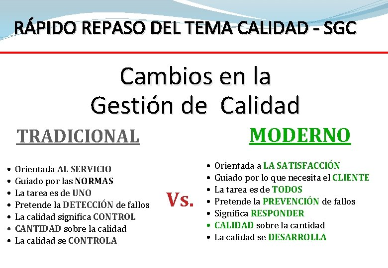 RÁPIDO REPASO DEL TEMA CALIDAD - SGC Cambios en la Gestión de Calidad MODERNO