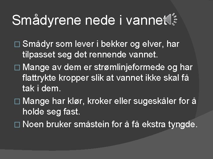 Smådyrene nede i vannet � Smådyr som lever i bekker og elver, har tilpasset