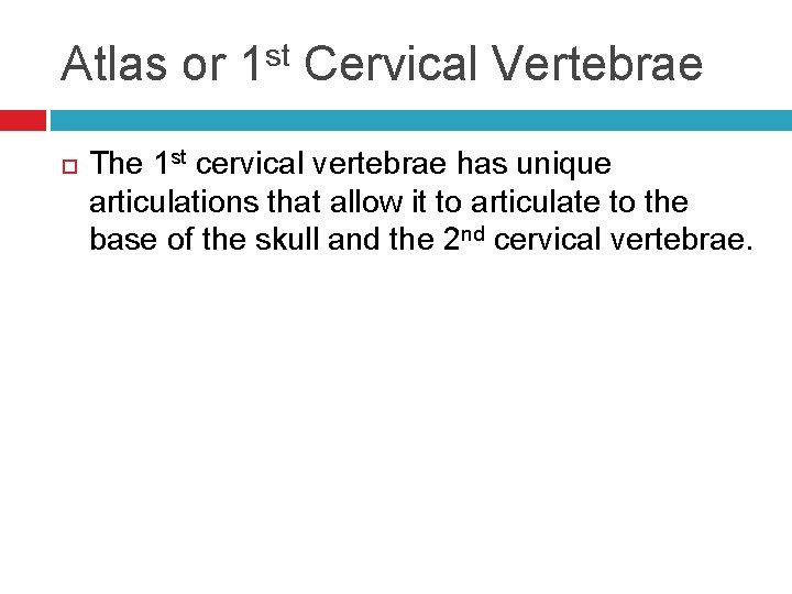 Atlas or 1 st Cervical Vertebrae The 1 st cervical vertebrae has unique articulations