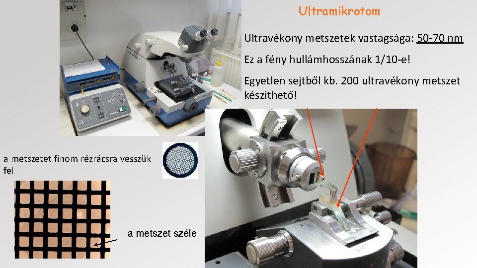 Ultramikrotom Ultravékony metszetek vastagsága: 50 -70 nm Ez a fény hullámhosszának 1/10 -e! Egyetlen